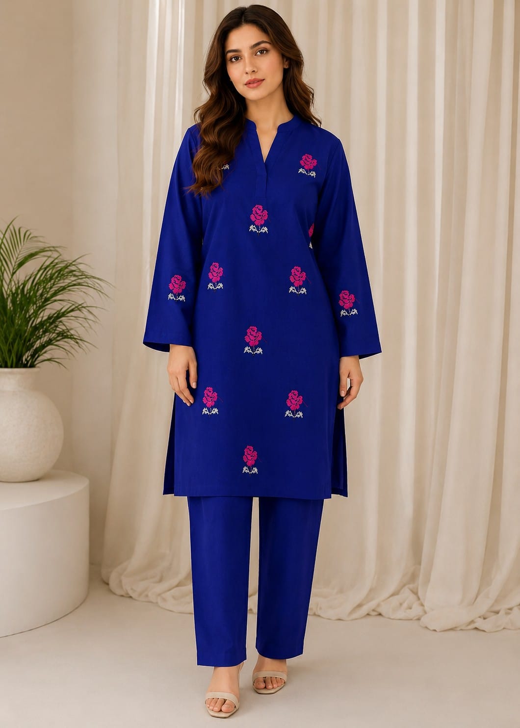 royal blue embroided 2 pice suit